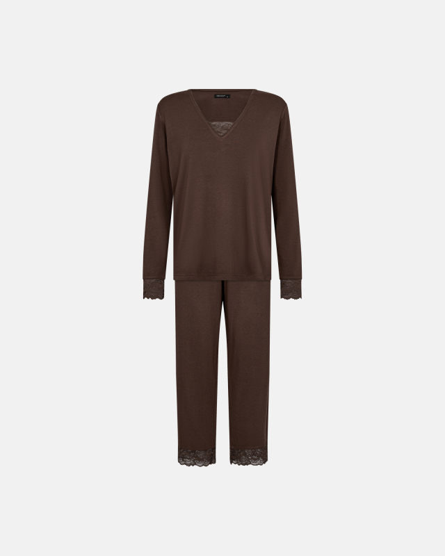 Bambus-Viskose, Pyjama-Set mit Spitze, Braun -Decoy